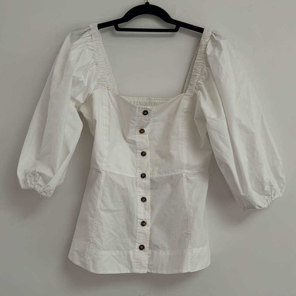Ganni Puff Sleeve Poplin Peplum Top
